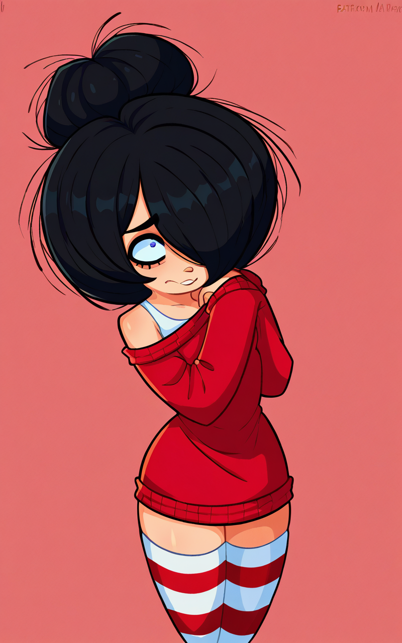 00003-47631051-score_9, score_8_up, _lora_zelligxl-v2_1_ 1girl, zellig_maya, black hair, hair bun, hair over one eye, red sweater, red striped.png